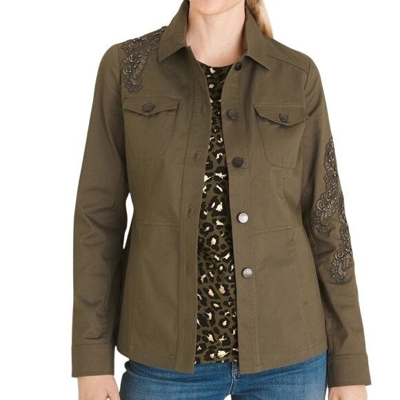 Chico's Jackets & Blazers - Chico's Utility Jacket Womens 2P Olive Green Excellent Beaded Floral Embroidery
